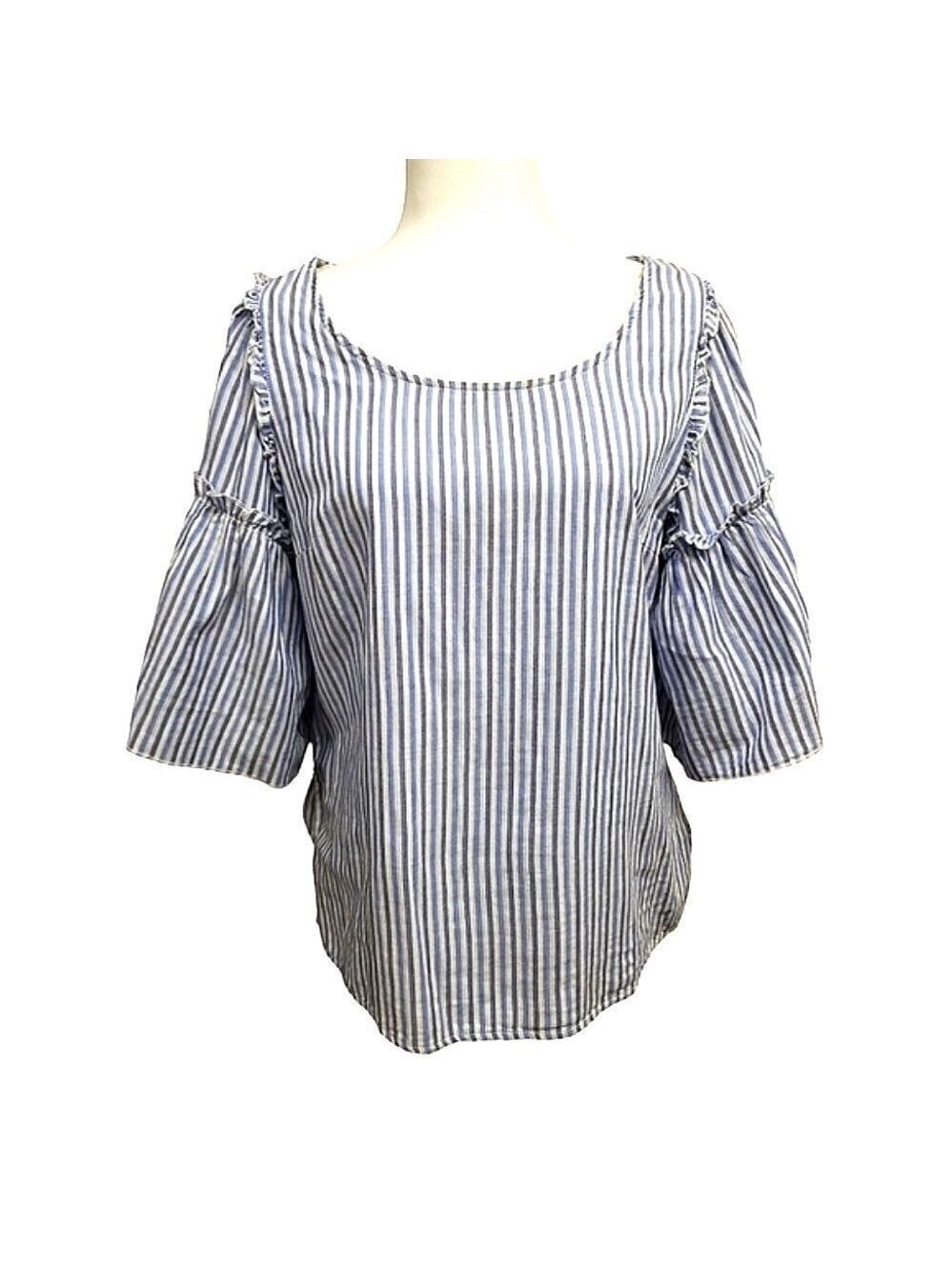 Seven7 Pullover Blouse Flounce Bell Sleeves Blue White Stripes Size Medium